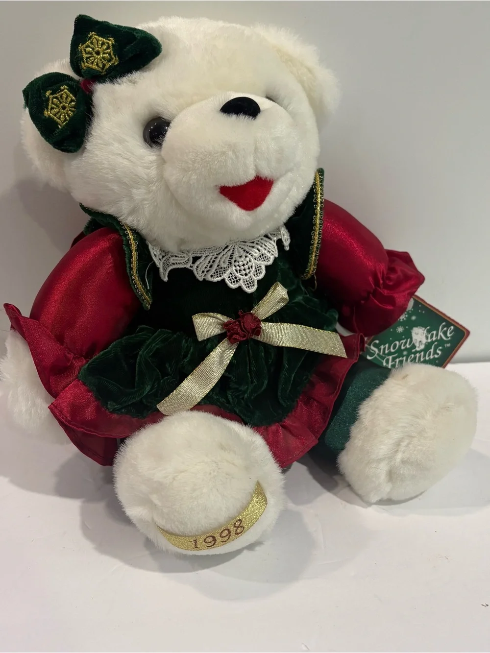 Vtg Dan Dee Walmart Holiday Time SnowFlake Teddy 1998 Red Green Dress Velvet NWT